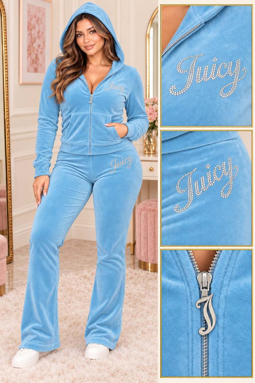 Juicy Couture Velour Tracksuit Size L Blue Rhinestone Hoodie Pants